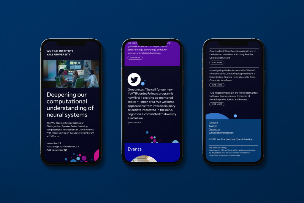 A flexible e-newsletter design for the Yale Wu Tsai Institute, designed by FAY.