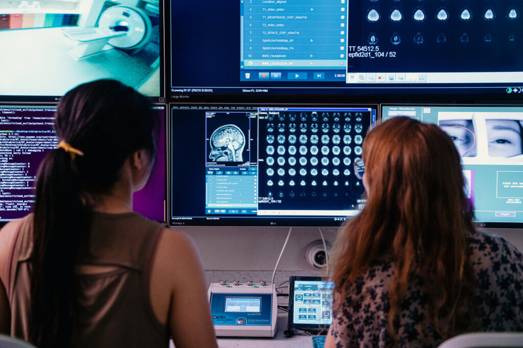 Researchers at the Wu Tsai Institute Yale University viewing neuroscience data.